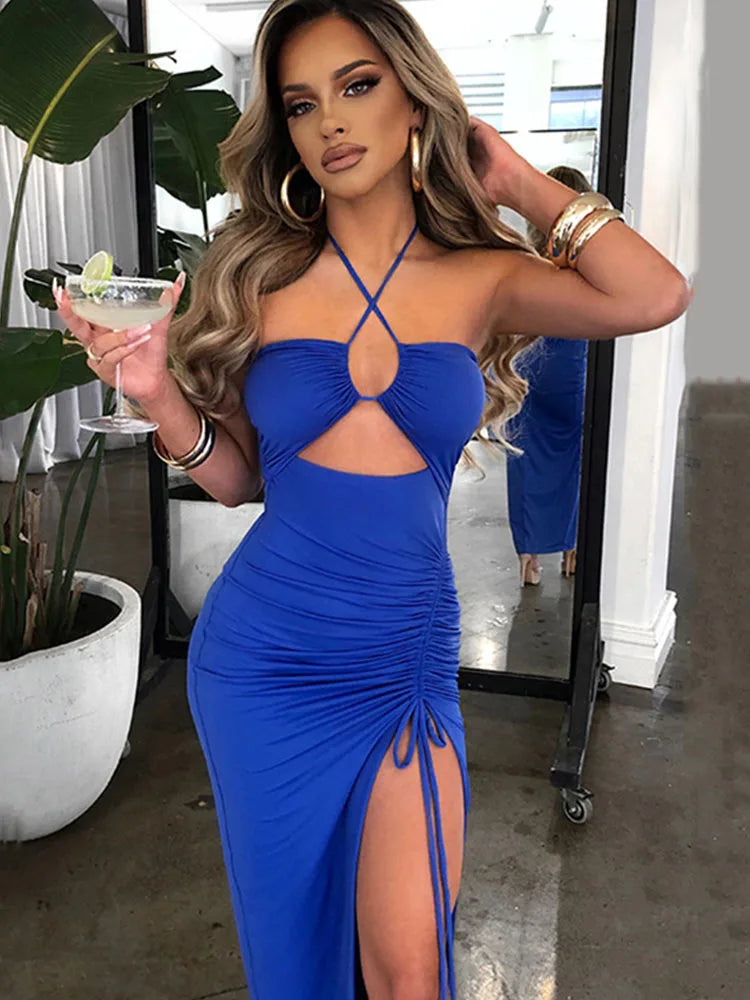Women's Denim Bodycon Midi Dress – Backless Sleeveless Party Dress