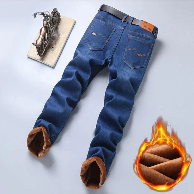 Men Winter Snow Warm Plush  Loose Minimalist Jeans Male Fleece Lined ThickenedStraight Denim Pants Slim Fit Elasticity Trousers