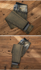 2026 European Trendy Brand Yellow Mud Jeans Men's Retro Old Slim Fit Fashion Long Pants Autumn and Winter Thick Pants