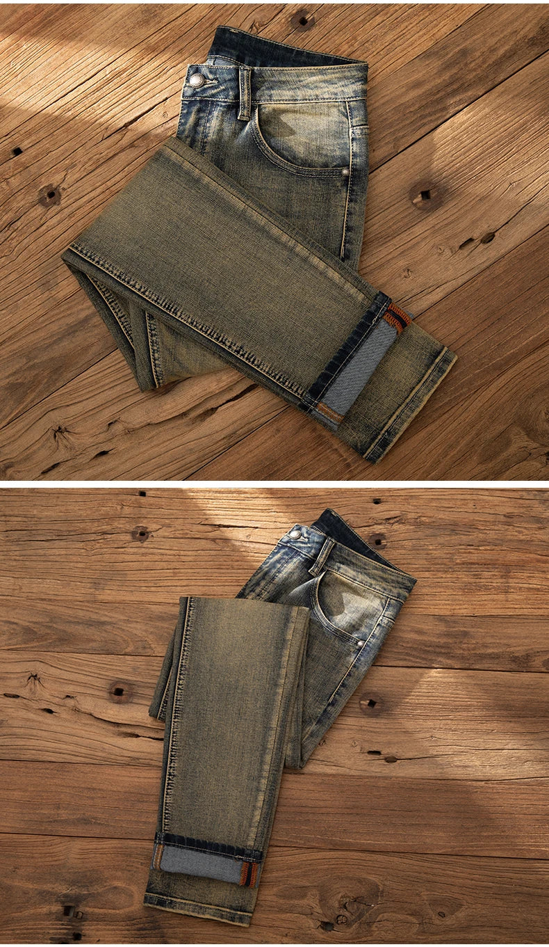 2026 European Trendy Brand Yellow Mud Jeans Men's Retro Old Slim Fit Fashion Long Pants Autumn and Winter Thick Pants