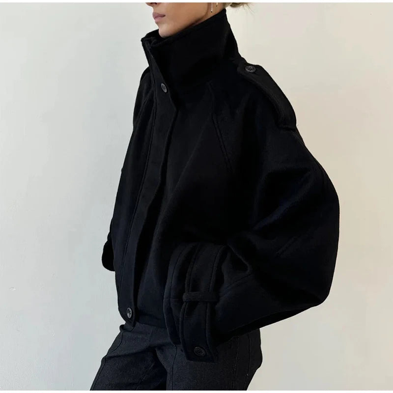 Fashion Short Woolen Coat Women Stand Collar Single-breast Full Sleeve Loose Pocket Jacket Female 2026 Autumn Solid Lady Outwear