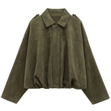 HXAO Women's Bomber Jacket Lapel Long Sleeve Zipper Suede Jacket Women 2025 High Street Cropped Racing Jackets Coats Outerwears