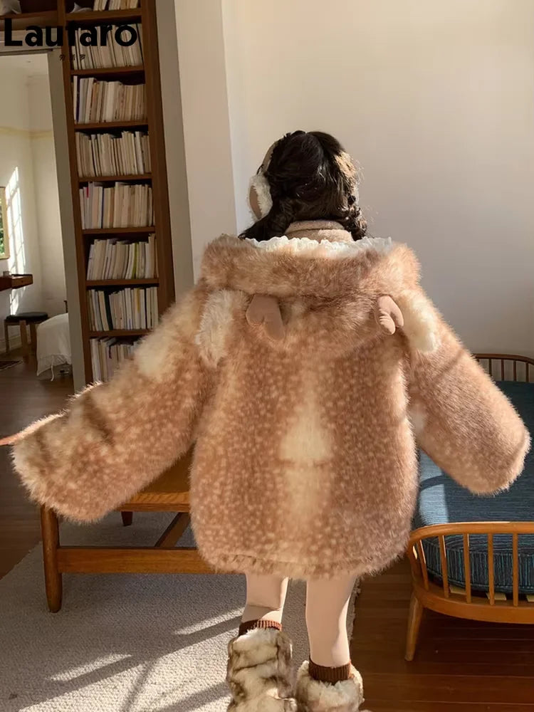 Women's Hooded Faux Fur Coat with Deer Ears