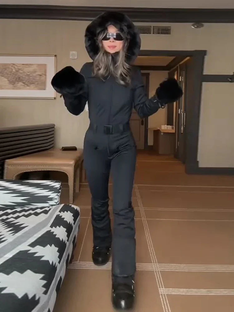 Elegant Faux Fur Hooded Women's Ski Jumpsuit