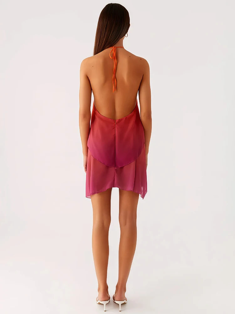 Women's Gradient Halter Backless Mini Dress – Elegant Mesh Off-Shoulder Party Gown
