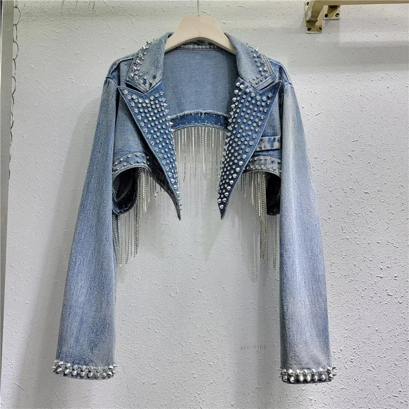 USA-Made Rhinestone Tassel Denim Jacket | Crystal Fringe Backless Festival Coat