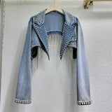 USA-Made Rhinestone Tassel Denim Jacket | Crystal Fringe Backless Festival Coat