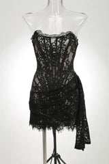 Strapless Lace Mini Dress – Elegant Sheer Patchwork Slim Fit Evening Dress
