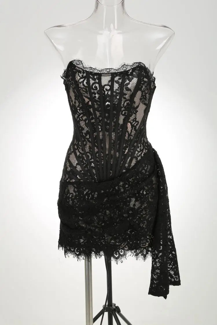 Strapless Lace Mini Dress – Elegant Sheer Patchwork Slim Fit Evening Dress