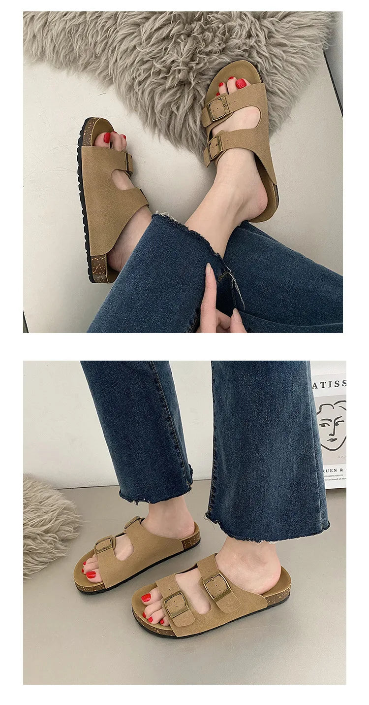 Evshine Leather Cork Footed Clogs Sandals For Women Fashion Flat Mules Slippers with Arch Support Men Double Buckle Cork Slides