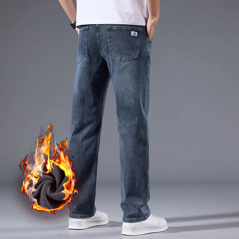 Men's Winter Fleece Thicken Lightweight Business Straight Leg Jeans Solid Color Versatile Slight Elastic Long Pants