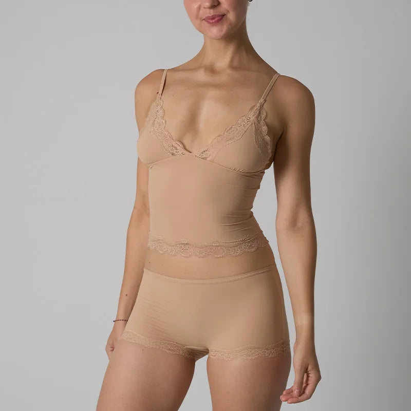 Europe American Simple Pink Light Thin Lace Strap Tank Top Flat Corner Lace Underwear for Women Comfortable Stretchy Short Sets