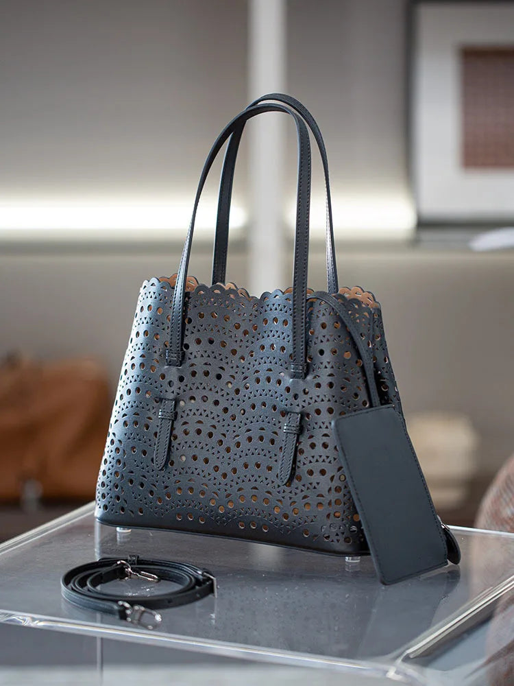 New Tote Bag French Cowhide Handmade Bag Niche Laser Engraved Hollow Leather Vegetable Basket Bag Casual Versatile Temperament