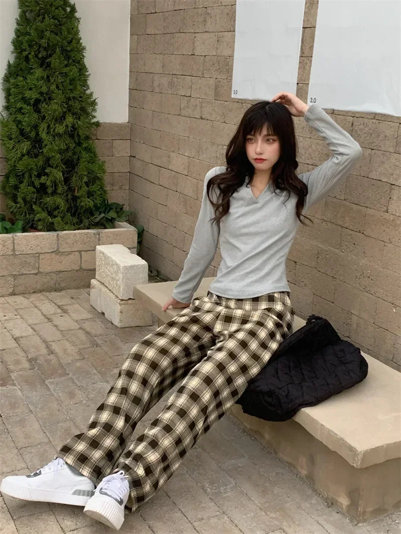 Plaid Plush Wide-Leg Trousers