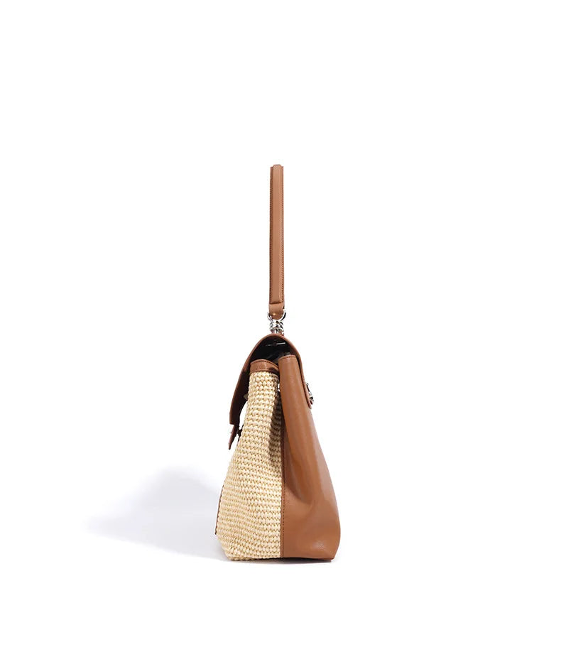 Summer 2026 Women's Raffia Woven Tote Bag Split Leather Crossbody Straw Messenger Bag Grass Weaving Shoulder Bag for Ladies New