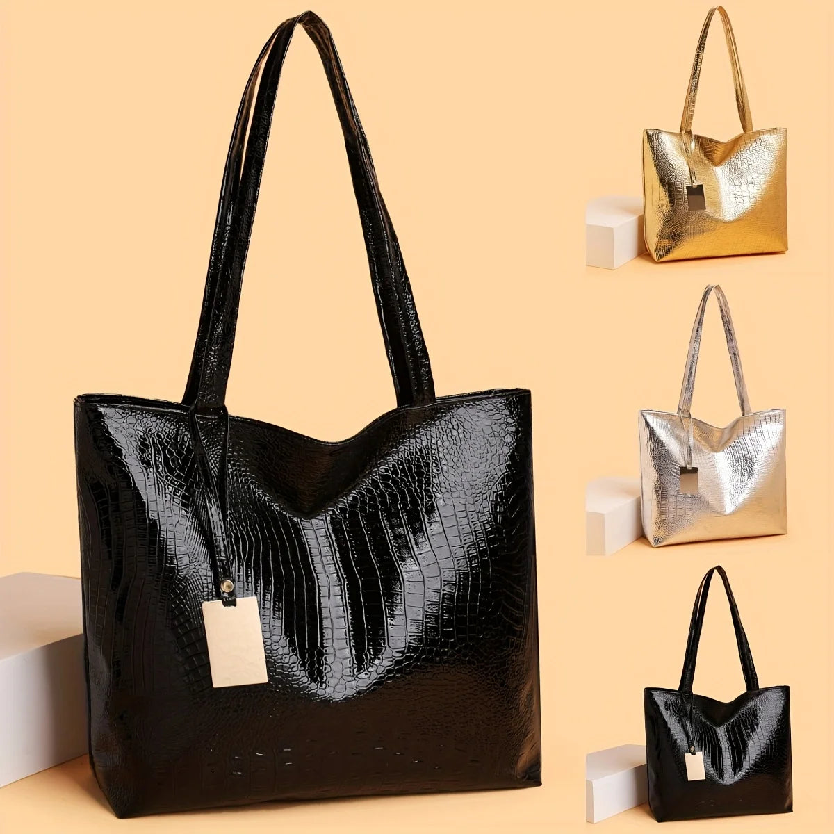 Women's Metallic PU Leather Tote Bag with Zipper