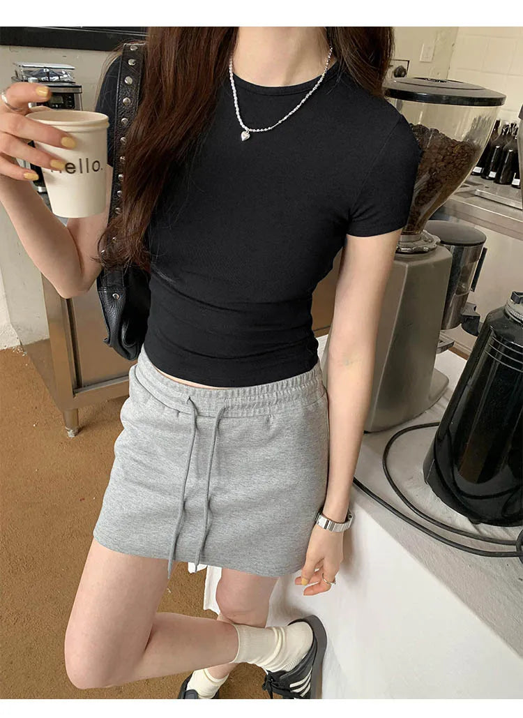 Y2K Vintage Slim Fit Crop Top - Solid Crewneck Short Sleeve Tee