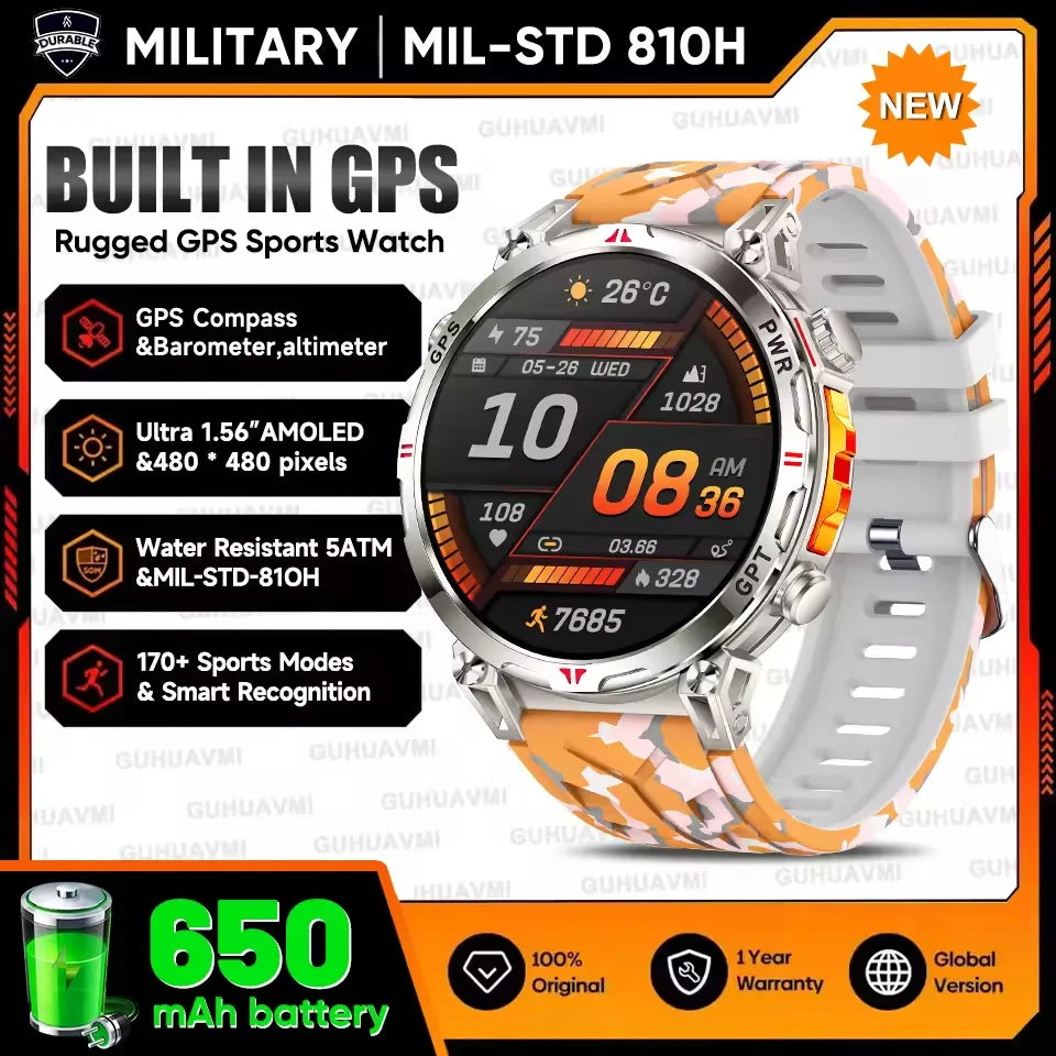New Upgrade GPS Outdoor Sports SmartWatch Men With 5ATM Swim Compass Altimeter 1.56" AMOLED Heart Rate Bluetooth Call Smartwatch