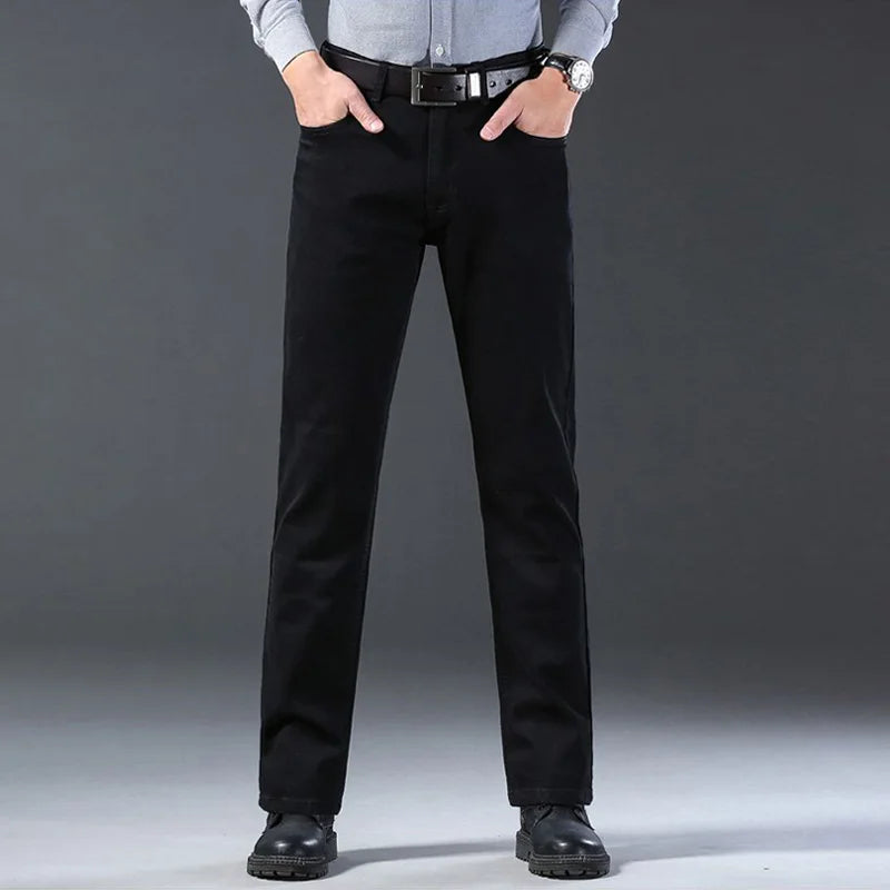 High Quality Autumn Winter Solid Color Black Men's Jeans Classic Stretch Denim Pants Work Business Cotton Trousers Plus Size 40