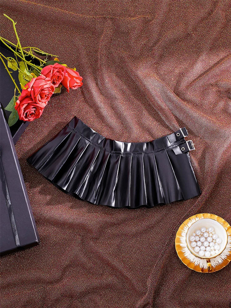 Black Faux Leather Low-Rise Pleated Mini Skirt