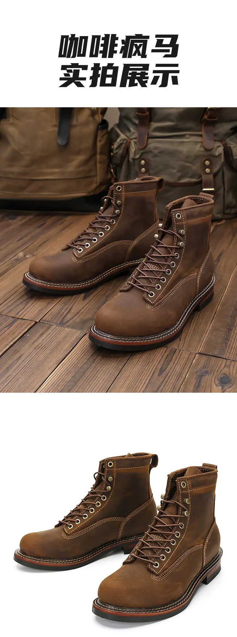KOWM Hiking shoes men's walking boots British cowhide high top motorcycle boots ankle casual sneakers trekking shoes thick soled