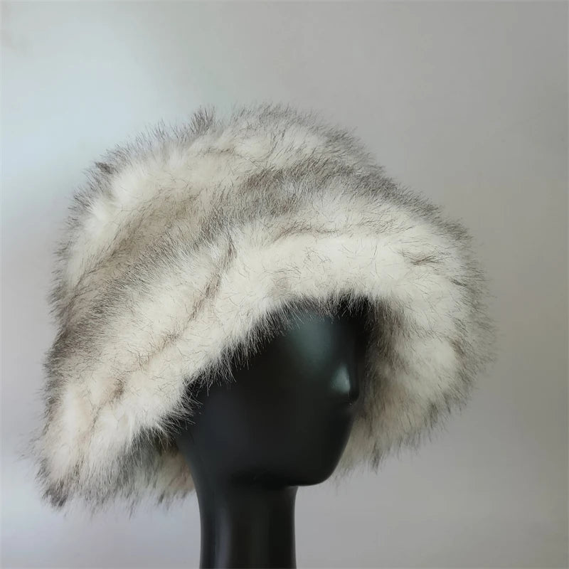1pcs Winter Faux Fur Bucket Hat Warm Fluffy Plush colorful soft Winter hat Personality fur Fisherman Hats for women Plush hat겨