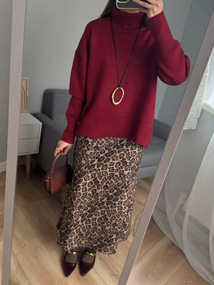Leopard Print Suede Maxi Skirt – Women's Autumn Winter