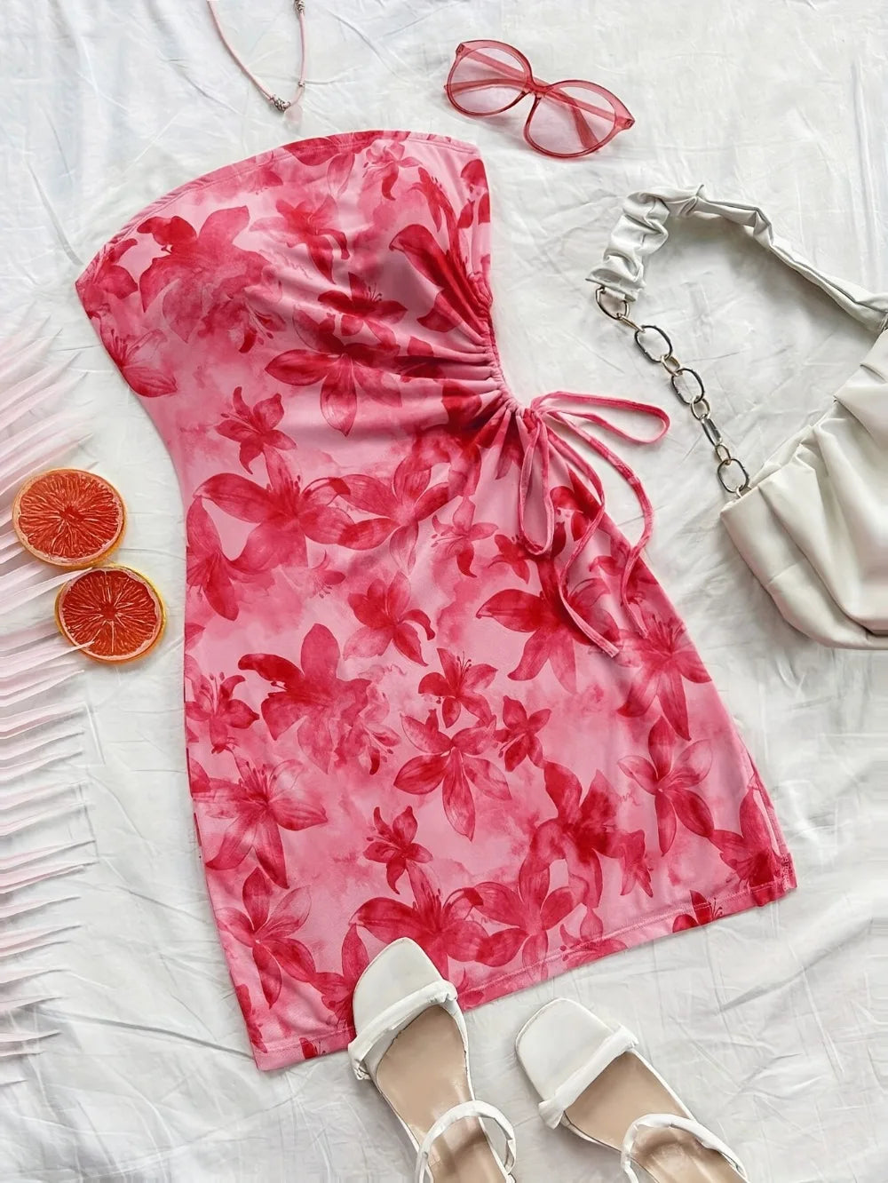 Floral Print Ruched Tube Mini Dress
