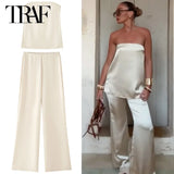 HXAO 2025 Off White Satin Pant Sets Women's Suit Off Shoulder Strapless Top Vest Set 2 Piece Woman Chic High Waist Trousers Sets