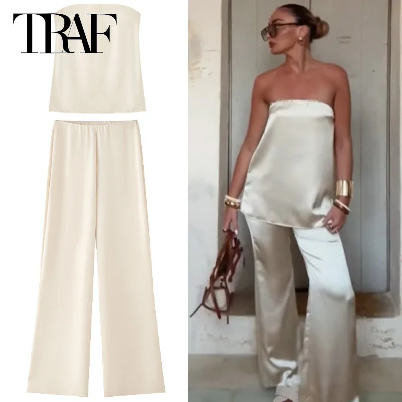 HXAO 2025 Off White Satin Pant Sets Women's Suit Off Shoulder Strapless Top Vest Set 2 Piece Woman Chic High Waist Trousers Sets