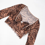 Leopard Print Skinny 2-Piece Set | Mesh Sleeve Crop Top & Ruched Skirt