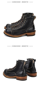 KOWM Hiking shoes men's walking boots British thick soled cowhide high top motorcycle boots ankle sneakers  casual trekking shoe