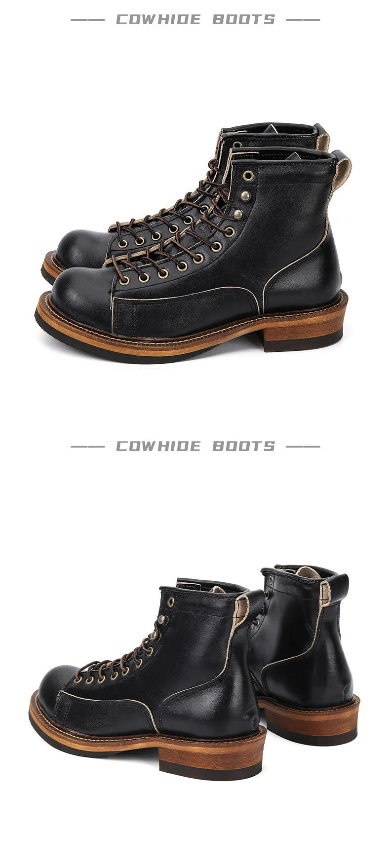 KOWM Hiking shoes men's walking boots British thick soled cowhide high top motorcycle boots ankle sneakers  casual trekking shoe
