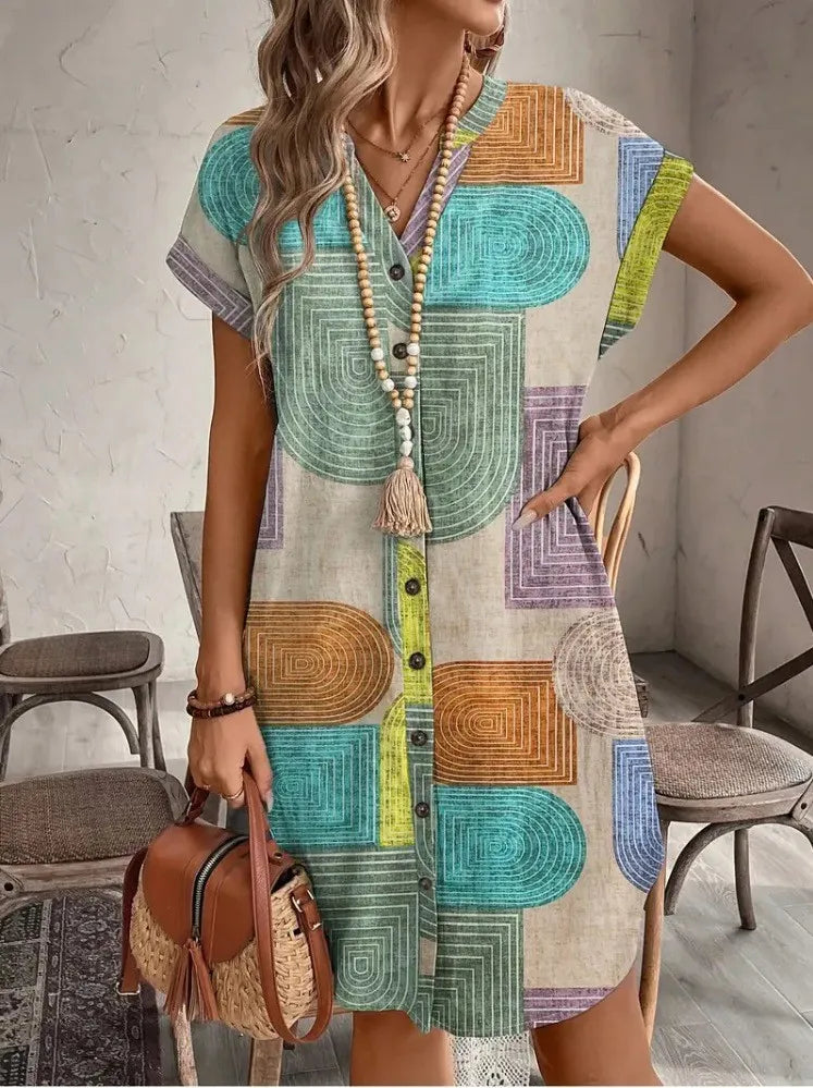 Geometric Print V-Neck Sun Dress