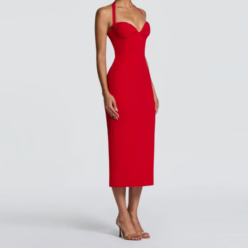 Elegant Bodycon Midi Dress – Halter Neck Evening Gown