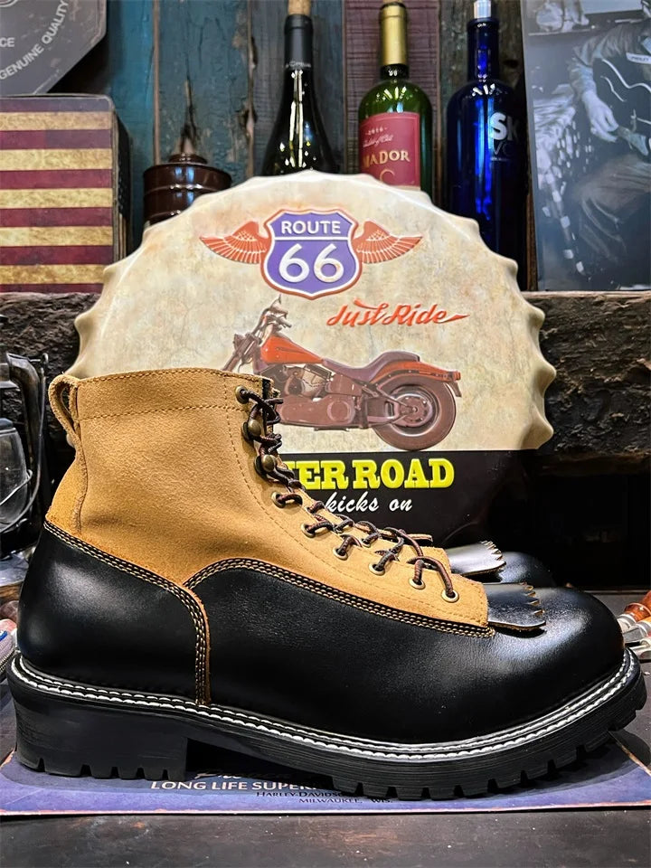 KOWM Hiking shoes men's cowhid boots British leather trekking shoes thick soled ankle sneakers cowhide high top motorcycle boots