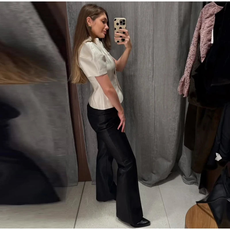 2026 Spring Summer Short Puff Sleeve Frog Button Shirt For Women Stand Collar  Single Breasted Blouse Lady Chic Street Party Top