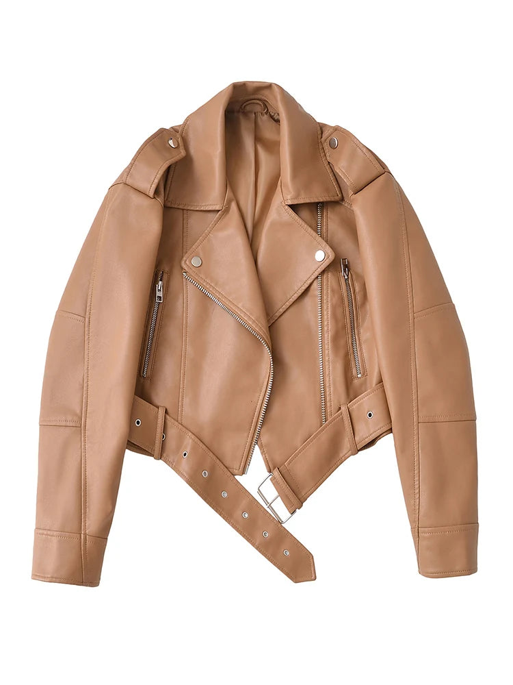 Ailegogo Spring Autumn Women Faux Pu Leather Short Jacket with Belt Motorcycle Biker Female Zipper Lapel Loose Coat Outwear