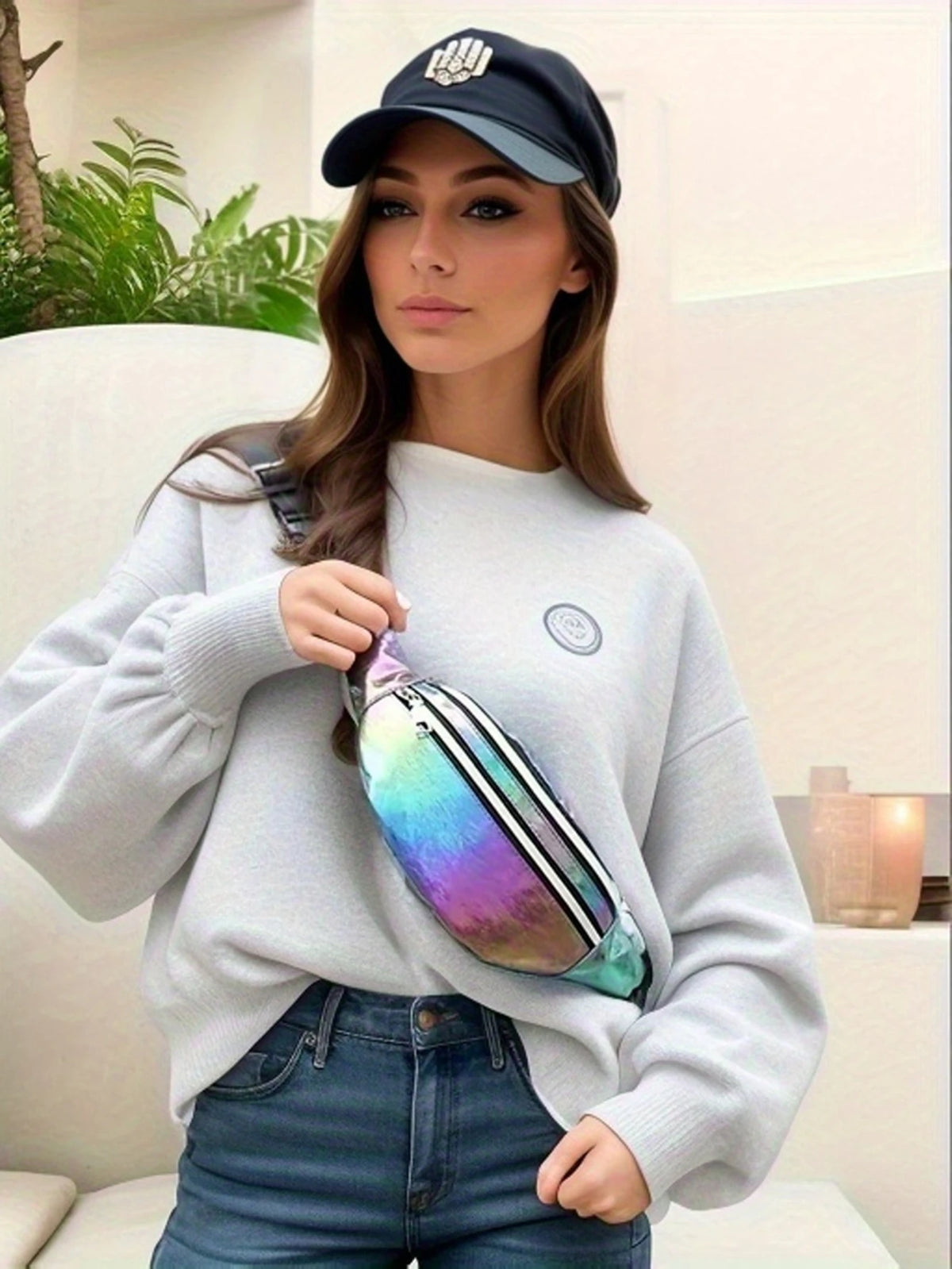 DX Holographic Fanny Pack Hologram Waist Bag Laser Beach Travel Banana Hip Bum Zip Waist Bags Women Belt Bag For Girls