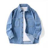 Heavy duty washed denim jacket for men vintage blue lapel long sleeved shirt style jacket casual and loose outer wear