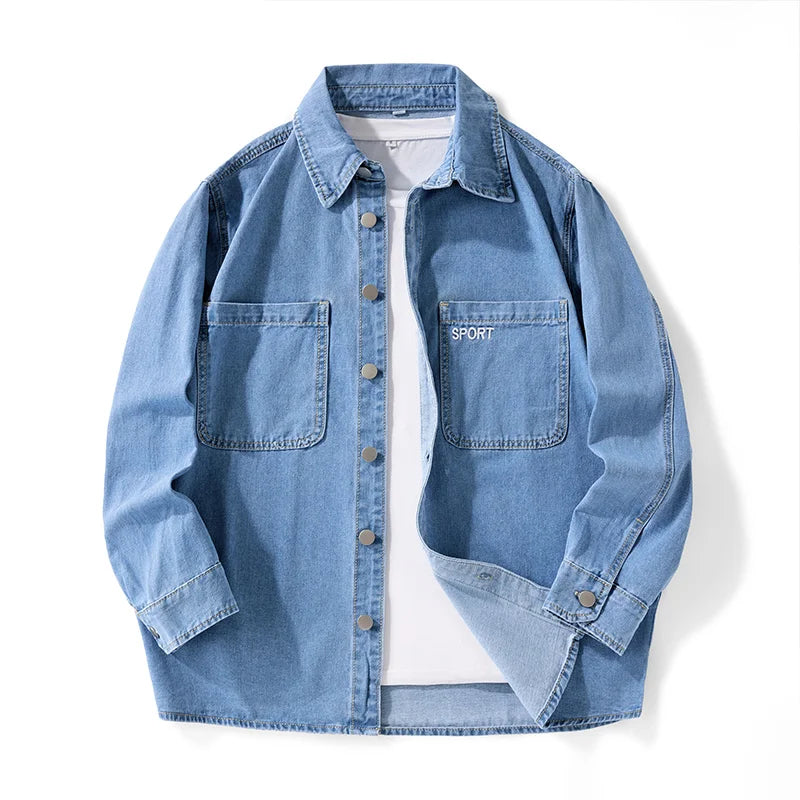 Heavy duty washed denim jacket for men vintage blue lapel long sleeved shirt style jacket casual and loose outer wear