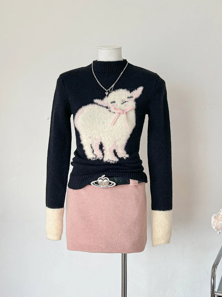 Winter Vingate New 2 Piece Set Women Patchwork Elegant Y2k Knitted Skirt Suit Female Korean Fashion Design Casual Belt Set 2025