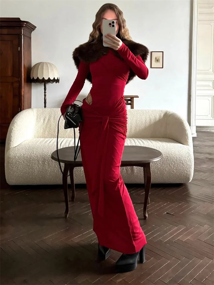 Elegant Fur & Feather 2-Piece Maxi Set