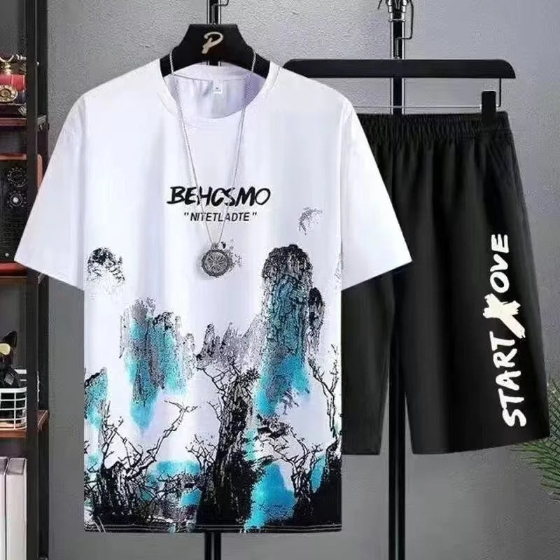 Men's Summer Manga Graffiti 2-Piece Tee & Shorts Set