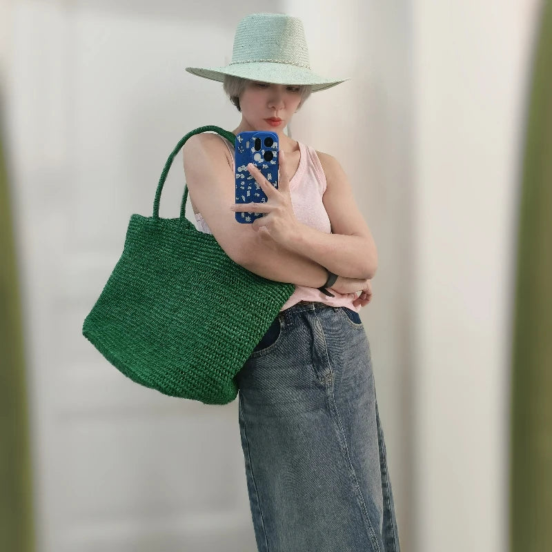 Fashionable Natural Rafia Grass Hand-woven Bag, Large Capacity, Lightweight, Versatile, Suitable for Daily Use, Women's Handbag