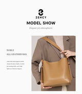Zency New 2026 TrendyTwo Layer Cow Leather Shopper Shoulder Bag Commuter Large Bucket Handbag Simple High Quality Women Tote Bag