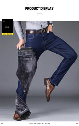 New Men's Fleece Warm Jeans Winter Thicken Plush Velvet Business Office Denim Trousers Brand Clothing Stretch Casual Male Pants