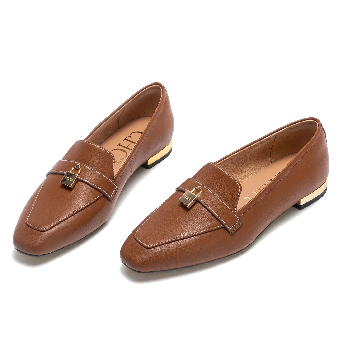 Women's Leather Loafers with Gold Lock Detail Square Toe Low Heel Penny Casual Office Slip-On Dress Shoes for Woman
