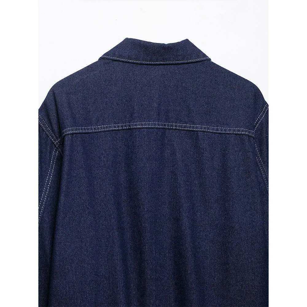 Chic Blue Denim Jacket – USA-Made Casual Lapel Outerwear with Pockets