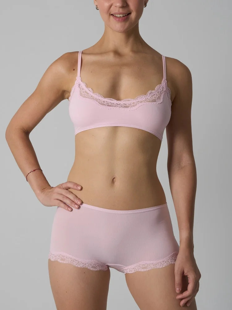 Europe American Simple Pink Light Thin Lace Strap Tank Top Flat Corner Lace Underwear for Women Comfortable Stretchy Short Sets